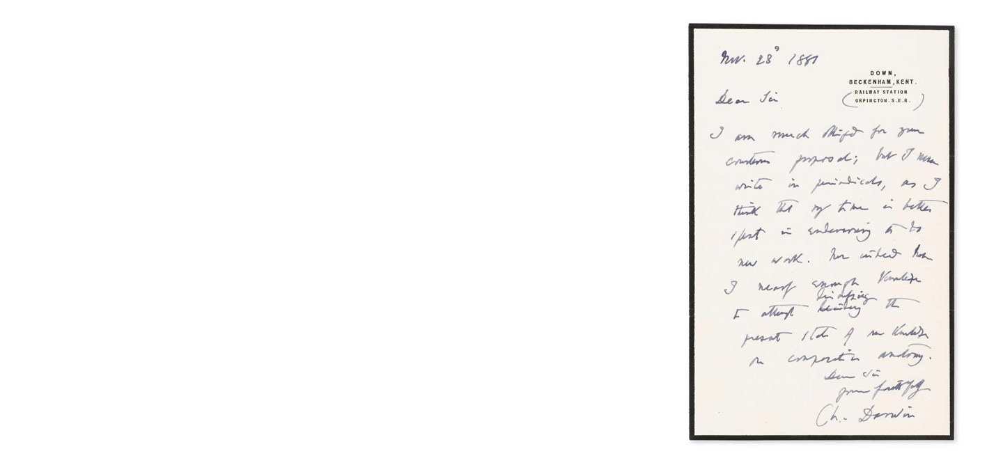 Charles Darwin, Autograph Letter signed to Walter Raleigh Browne, 1881